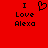 Red background with black text reading "I Love Alexa" and a pixelated heart symbol above the word Love on the left side.