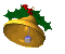 Animated sequence of a golden bell with holly and red berries rotating against a gray background, showing multiple angles of the bell's surface and clapper.