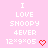 Pixelated pink background with repeated white text "I LOVE SNOOPY 4EVER 12*9*05" and red heart symbols in a