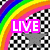 A static pixel art composition divided into four quadrants with a rainbow, checkered pattern, and colorful splatters, featuring text overlays.