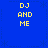 Blue background with four identical yellow pixelated text blocks reading "DJ AND ME" arranged in a , surrounded by faint dashed-line star patterns