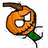 Pixelated orange pumpkin with carved eyes and mouth, brown stem, green leaf, white background.