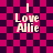 A pixelated image with pink and dark purple checkered background displaying "I Love Allie" text in light beige, featuring two distinct animation states.