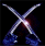 Pixelated X-shaped icon with glowing center on black background, featuring blue and purple gradient arms extending from a bright white core.