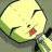 Pixelated cartoon-style icon of a light-skinned character with closed eyes, red lips, and green hair, set against a muted background.