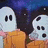 Pixelated image of two ghost-like figures with black eyes holding orange objects against a dark blue background, with overlaid text.