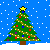 Pixel art Christmas tree icon with star topper and ornaments against snowy blue background, next to green text reading "Original Icons .com" on dark green background.