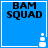 Blue square icon with black text "BAM SQUAD" and white pixelated plus symbol in bottom-right corner, showing animation frames where the plus symbol changes position.