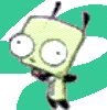 A green cartoon character with large eyes and antennae appears in various poses against colorful backgrounds, including a rainbow gradient displaying "DISCO! DISCO! DISCO!".