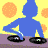 Pixelated animation of blue silhouette DJing with turntables on yellow background, transitioning to full-color character portrait and 'Sims Online' logo.