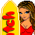 Pixel art contact sheet showing four frames of an animated icon featuring a cartoon woman in red swimsuit with yellow surfboard-like props and "Boy-Watch Beauty" text.