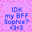 Pixelated text on a purple background with red dots, repeating 'IDK my BFF Sophie? <3<3' in blue letters across four identical