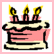 Pixelated birthday cake with three yellow candles on top, next to pink text reading 'Happy Birthday 2 me' in a
