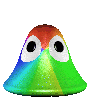 A bell-shaped avatar with two large white eyes on a gray background, displaying rainbow color variations across its surface.