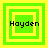 Four green and yellow square frames with the name 'Hayden' in black pixelated text, each frame showing a different layered square configuration.