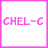 Pixelated pink text 'CHEL-C' on white background with bright pink border; two variations show heart symbols in bottom-right and top-right positions.
