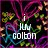 Pixelated icon with white text 'jill colton' over abstract colorful background of pink, green, blue, and yellow shapes on black.