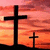 Silhouetted crosses against a sunset sky with orange and pink hues, alongside text reading 'R.I.P. Pastor Cole' in pixelated font.