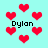 Pixelated red hearts float on a cyan background with the name 'Dylan' in black text at four positions.