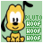 Pixelated yellow dog with black ears and nose, wearing a green collar, sitting against light green background with "PLUTO HOOF HOOF HOOF" text in green blocks.