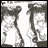 Two anime-style figures in grayscale, one with long hair and the other with shorter hair, standing side-by-side against a light background with dark vertical elements.