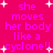 A bright pink background features repeated text 'she moves her body like a cyclone!!' in purple pixelated font with white starbursts scattered throughout.