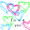 Pixelated heart shapes in blue, pink, and green overlap with black text reading 'i love you' on a white background.