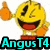 Pixelated yellow Pac-Man character with one eye closed, winking, giving a thumbs-up, wearing red collar, below text 'AngusT4' and 'is', below Homer Simpson with wide eyes and open mouth, below text 'pac man!' in cyan.