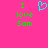 A static pixel art image with a bright pink background, green text reading "I love Sam," and a cyan heart symbol above the text.