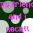 Dark green background with light gray and white circles; pink pixelated text repeats 'my friendly friend' and 'and i rock!!'
