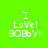 Green background with white pixelated text "I LoVe! BOBbY!!" and pink horizontal bars shifting across the image in four variations.