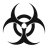 Black biohazard symbol on white background with pixelated edges and grayscale anti-aliasing.