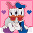 Pixelated cartoon duck character in blue sailor outfit with pink bow, alternating between two poses against pink background with heart symbols.