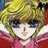 A 48x48 pixel buddy icon featuring a split composition with an anime-style character on the left and text elements on the right against a black background.