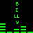 Green pixelated text 'BILLY' vertically aligned on black background with horizontal green bars forming a -like pattern