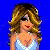 Pixelated icon of a woman with long wavy hair wearing sunglasses and a light blue top, next to partial body view on solid blue background.