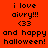 Pixelated text on a split background with orange, dark red, and black sections, displaying 'i love aivry!!! <33 and happy halloween!' in black font.