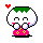 Pixelated character with white rounded body, green top, pink dress with yellow dots; red hearts float above head in various poses.