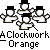 Pixelated image of three snowmen with top hats, one holding a clockwork device, above text reading 'A Clockwork Orange' on gray background.