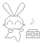 Pixelated white rabbit with pink inner ears dances next to a light blue boombox and gray musical notes on a gray background.