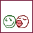 Two pixelated circular faces with green and brown outlines, one smiling with closed eyes, the other blushing with a pink cheek mark; text "oh my!" appears in green below.