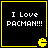 Four identical black square with yellow borders display white pixelated text "I Love PACMAN!!!" and a yellow Pac-Man icon in the bottom-right corner of each