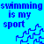 Static pixel art icon with blue text on cyan background featuring a swimming-related phrase and abstract wave-like shapes.