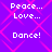 Pixelated text 'Peace... Love... Dance!' repeated on a purple background with pink diamond patterns, no visible animation changes.