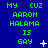 Green pixelated text on blue background reads 'MY CUZ AARON HALAMA IS GAY' with animated white star and dot effects.