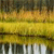 Pixelated landscape with horizontal bands of yellow, green, and brown hues, featuring indistinct vertical shapes resembling trees or structures at the bottom.