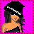 Pixel art contact sheet showing three frames of an animated buddy icon with a female character in various poses and text elements on bright pink background.