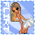 Pixelated cartoon woman with long blonde hair and green eyes, wearing white pom-poms and orange outfit, standing against light blue background with white text.