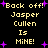 Pixelated text on black background with purple stars, repeating 'Back off! Jasper Cullen Is MiNE!' in yellow and white letters.