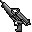 Pixelated image of a gray machine gun with a checkered pattern, shown in two states: one with a yellow muzzle flash and a small yellow bullet casing below it, the other without.